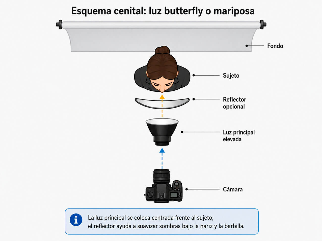 Diagrama cenital de luz butterfly con cámara sujeto y reflector