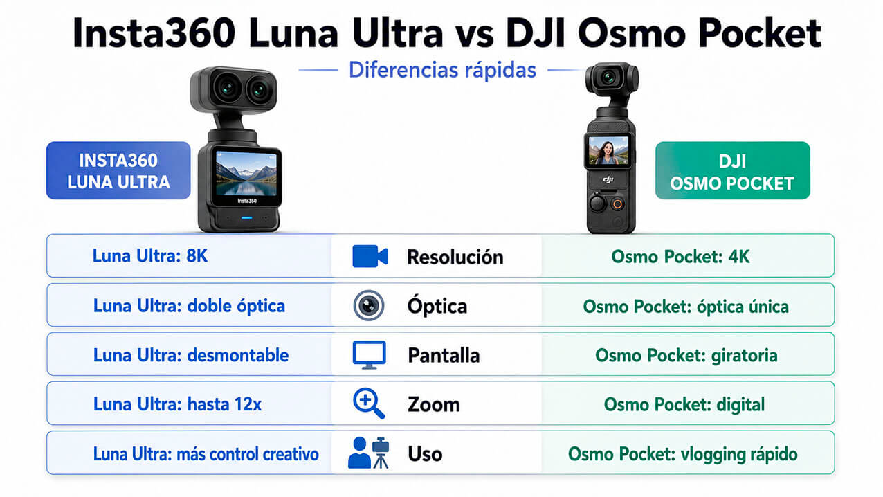 Doble óptica y zoom de Insta360 Luna Ultra frente a cámara gimbal de una sola lente