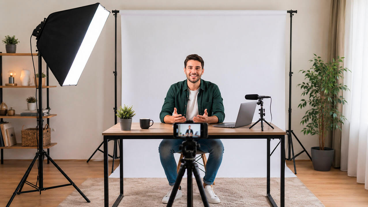 Kit para grabar vídeos en casa con luz, micrófono, trípode y fondo