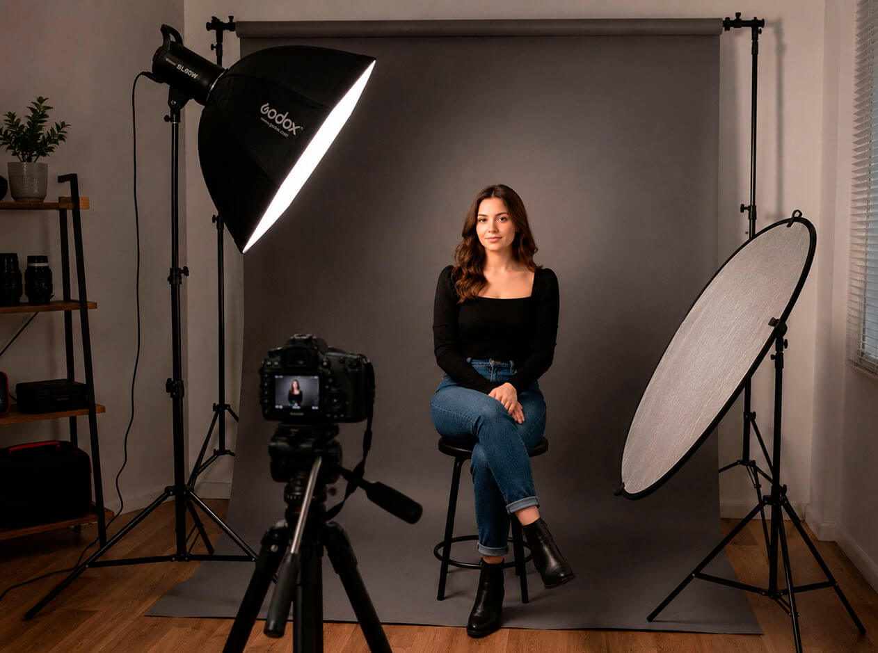 Set montado para retrato con luz Rembrandt