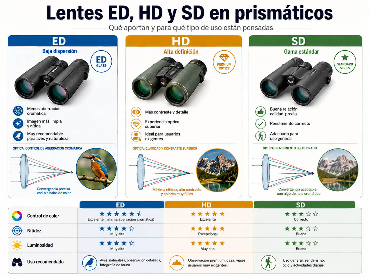 Infografía sobre lentes ED HD y SD en prismáticos