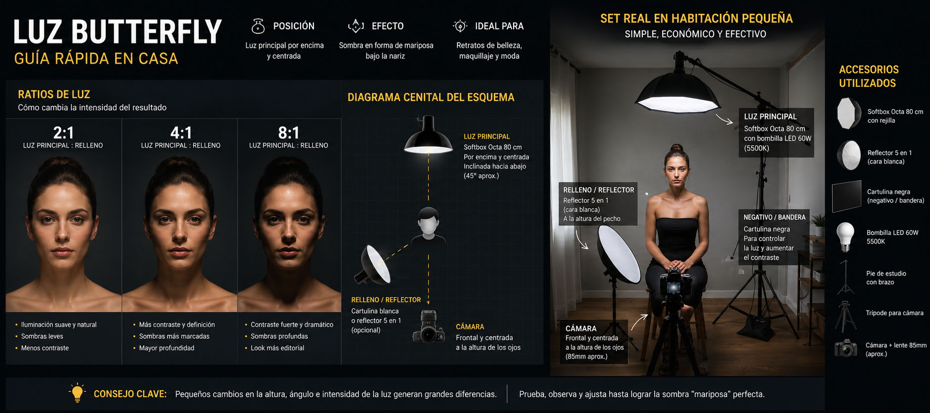 Resumen visual de la luz butterfly con esquema ratios y material