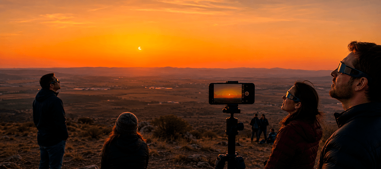 Fotografiar un eclipse con móvil desde un trípode durante el atardecer