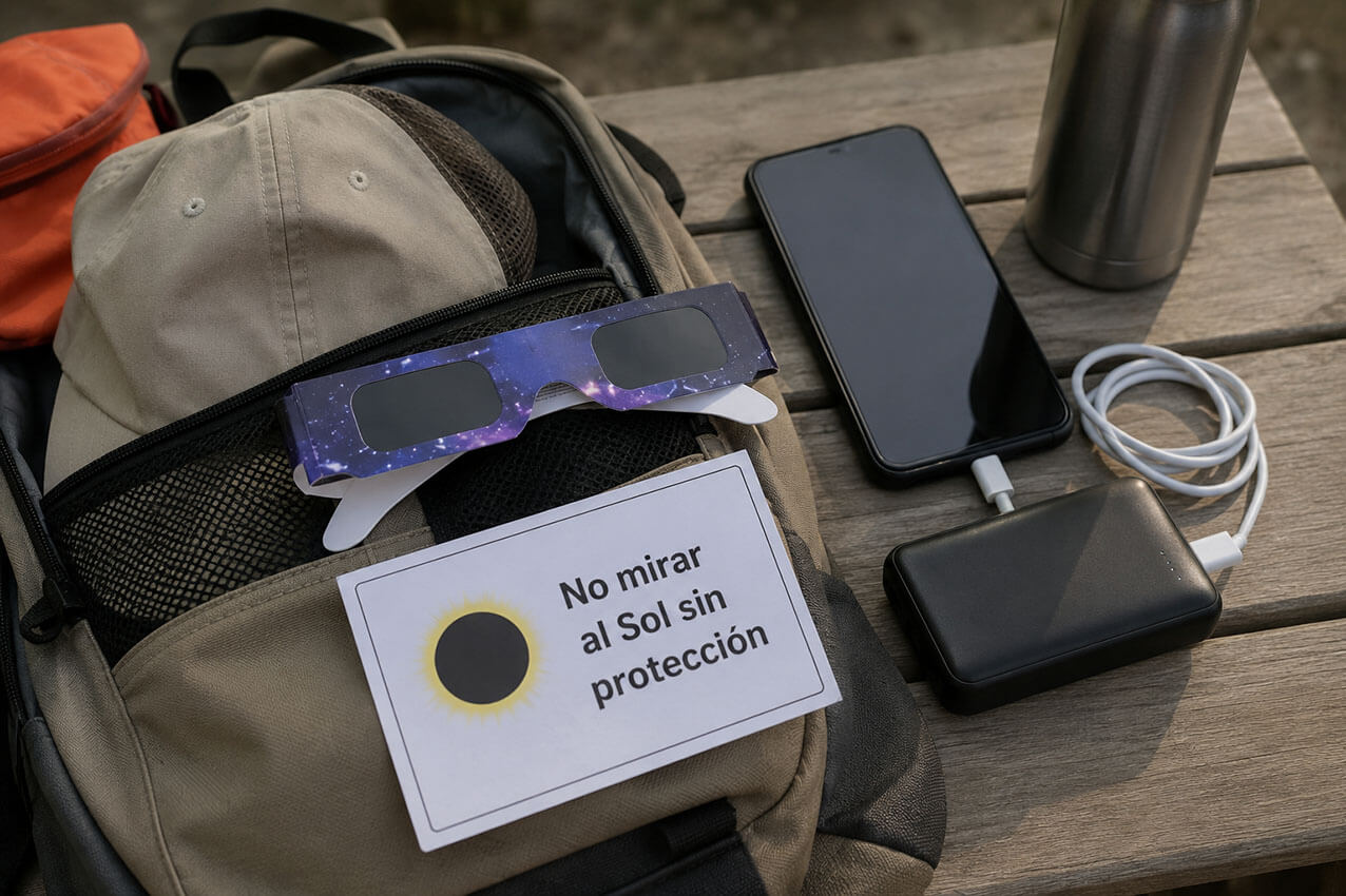 Gafas de eclipse y móvil preparados para observar un eclipse con seguridad