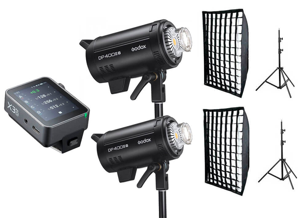 Kit 2 flashes Godox DP400III-V con X3 Pro, softboxes y pies