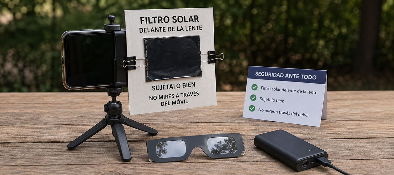 Lámina solar colocada delante de la lente de un móvil para fotografiar un eclipse