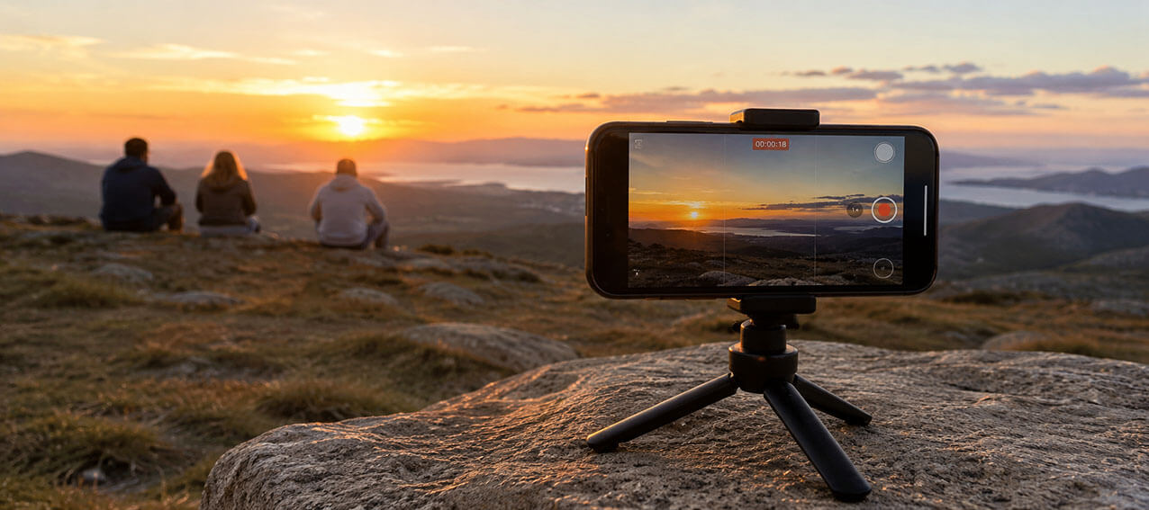 Móvil en trípode grabando vídeo o timelapse de un eclipse