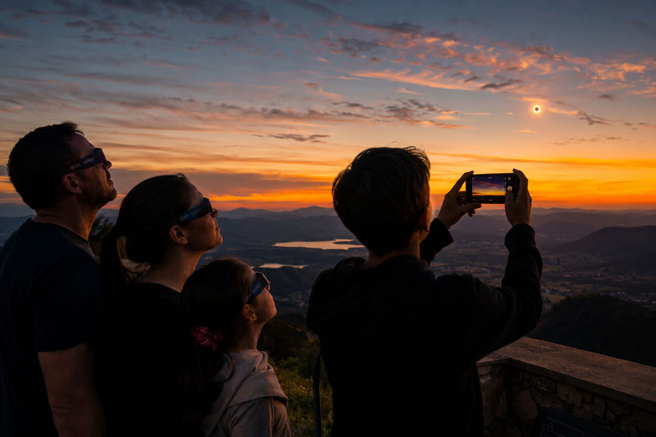 Personas observando un eclipse con gafas mientras hacen fotos con móvil