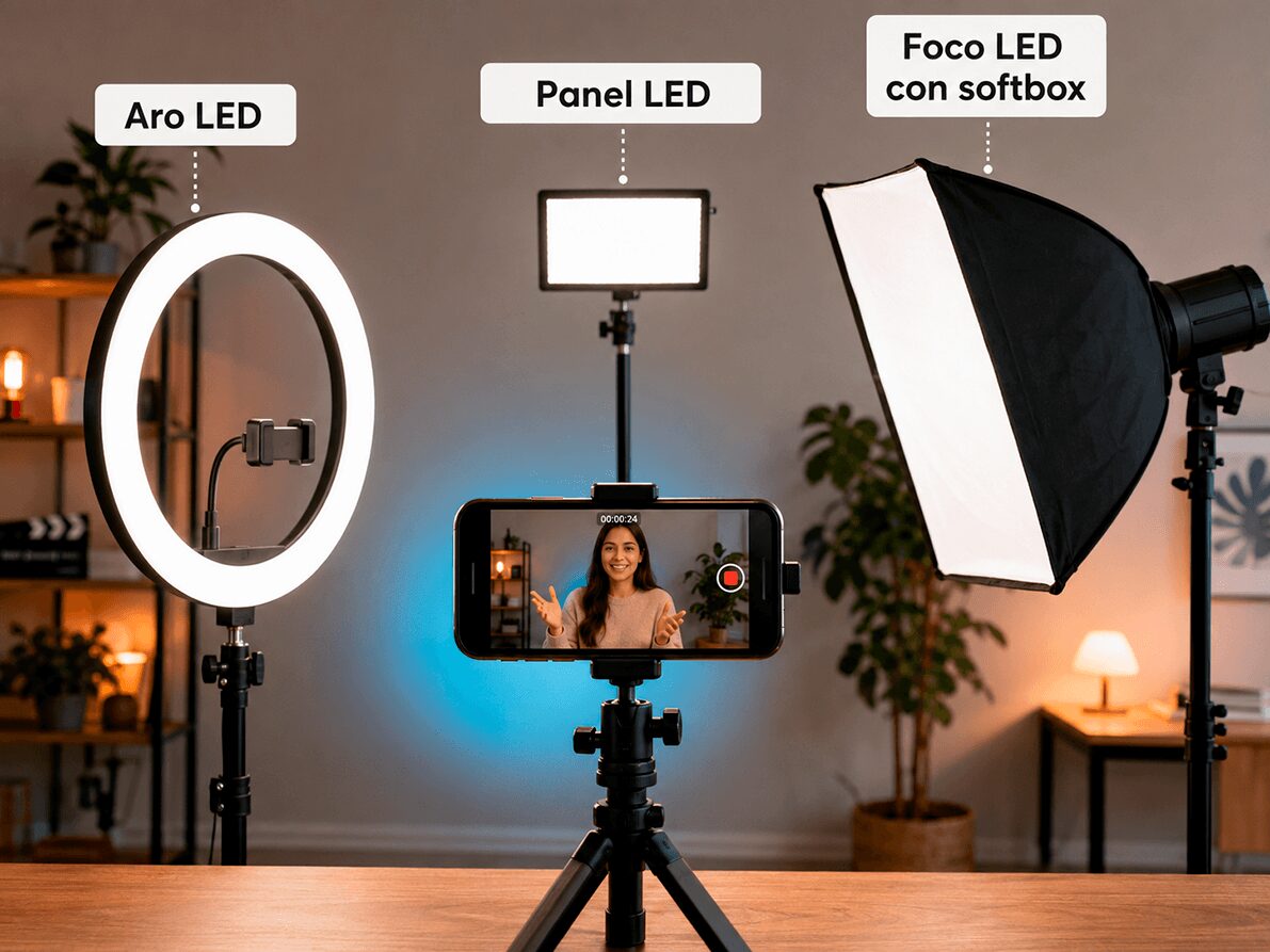Iluminación para vídeos con móvil con aro LED panel LED y foco con softbox