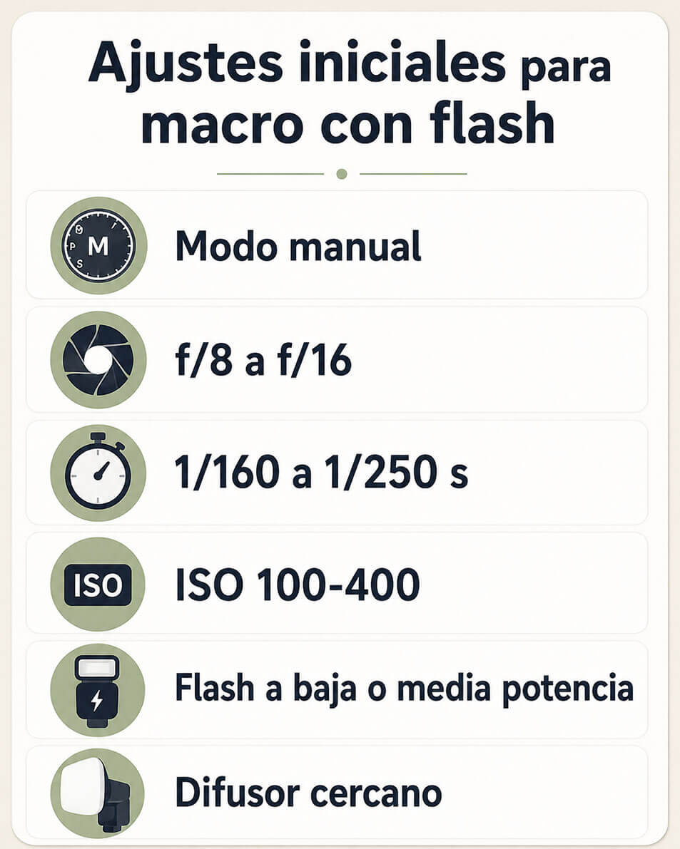 ajustes recomendados para fotografía macro con flash