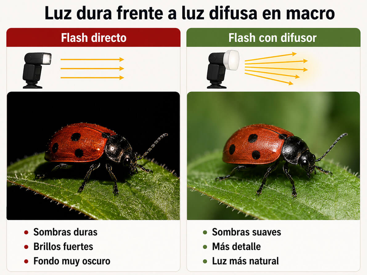 comparativa de flash directo y flash con difusor en fotografía macro