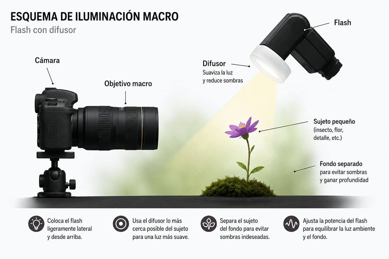 esquema de colocación del flash y difusor para fotografía macro