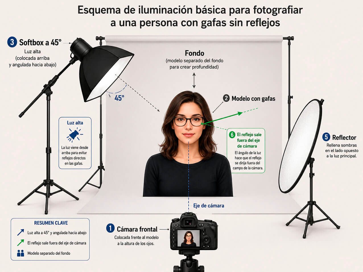 Esquema de iluminación con softbox alto para retratos con gafas