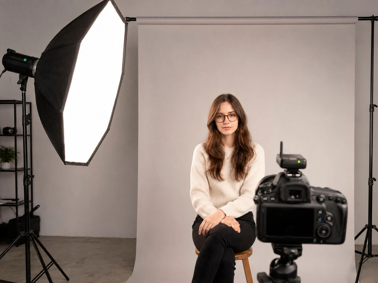 Flash fuera de cámara con softbox para retrato con gafas