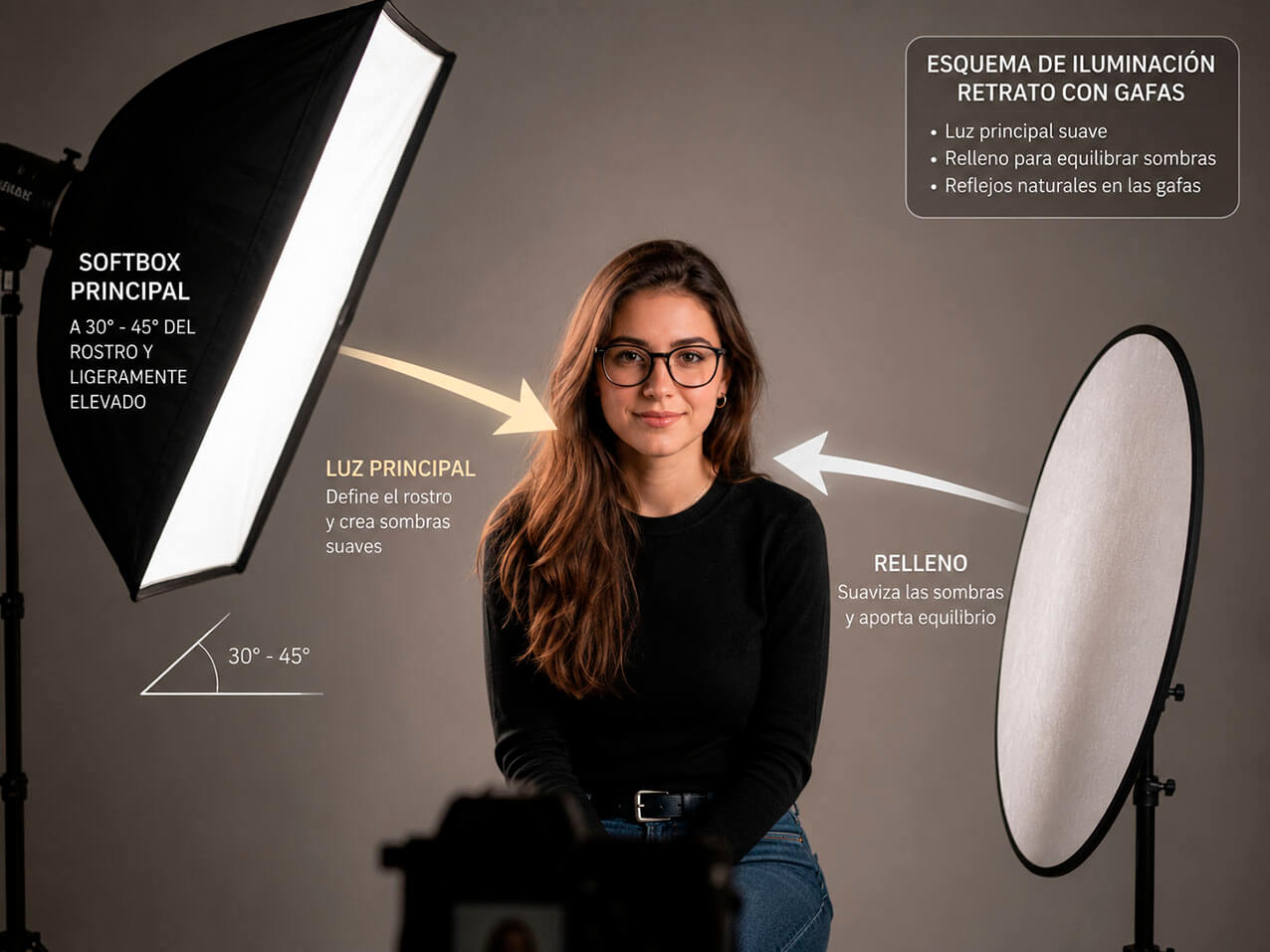 Esquema de luz lateral y reflector para retrato con gafas