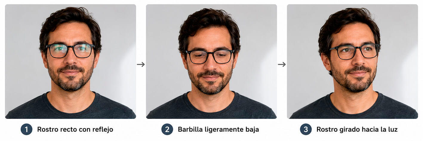 Ajustes de posición del rostro para evitar reflejos en gafas
