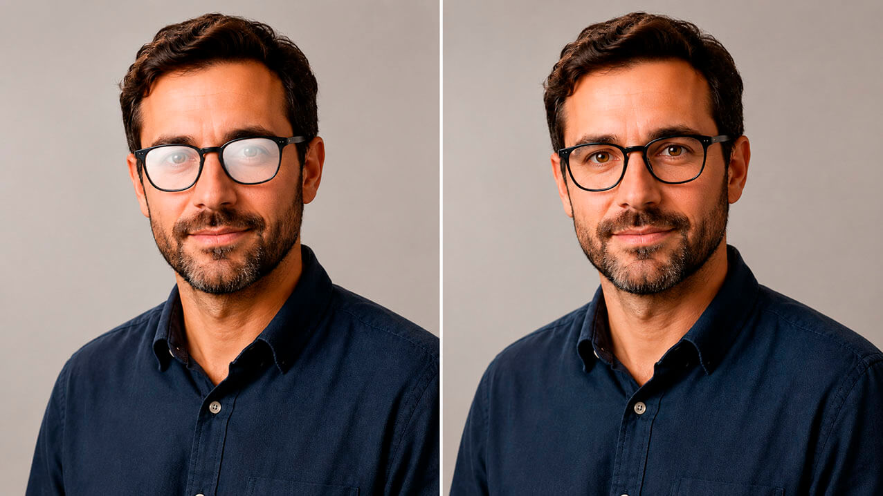 Comparativa de retrato con gafas con reflejo y sin reflejo