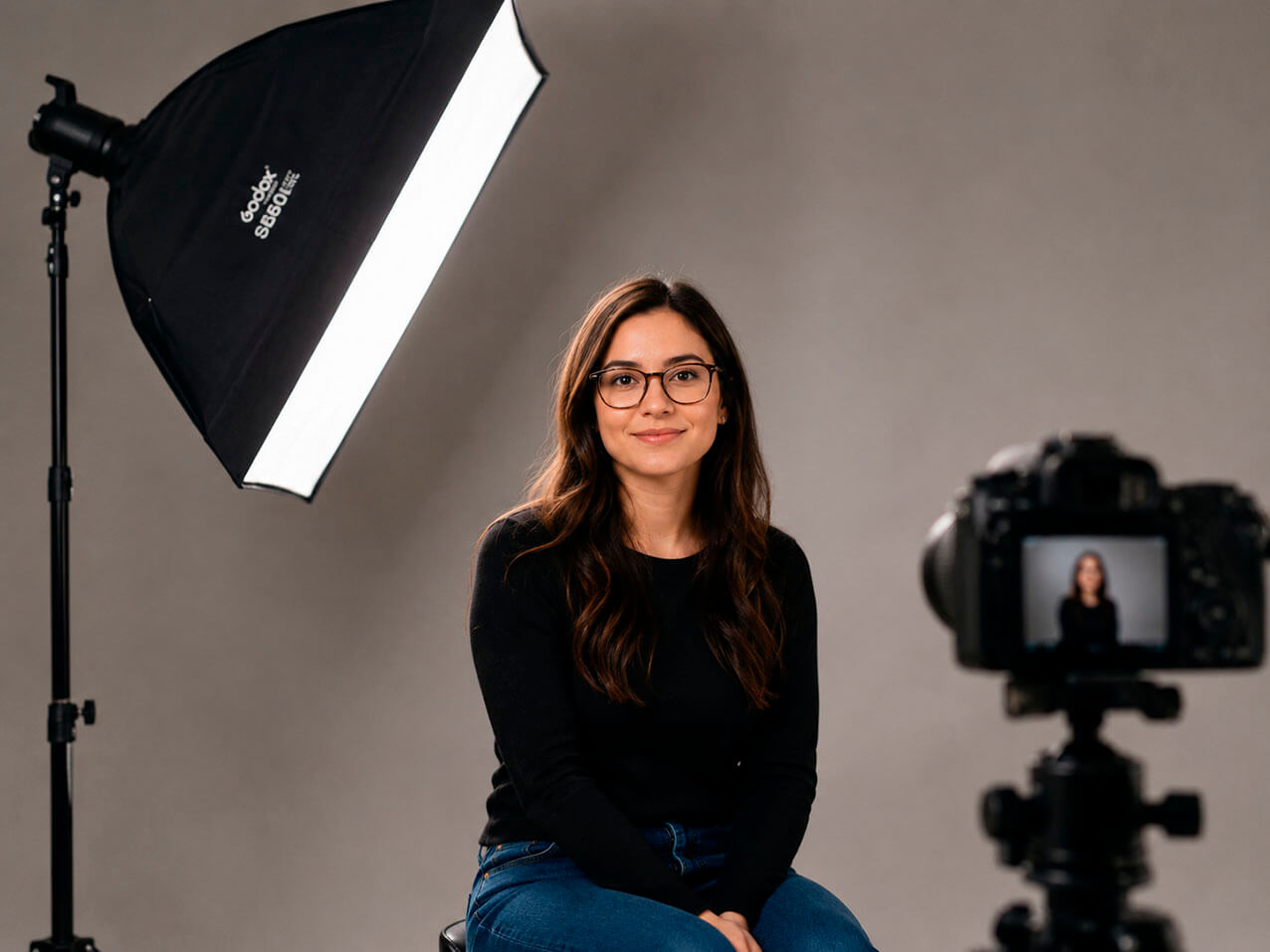 Softbox alto a 45 grados para retrato con gafas