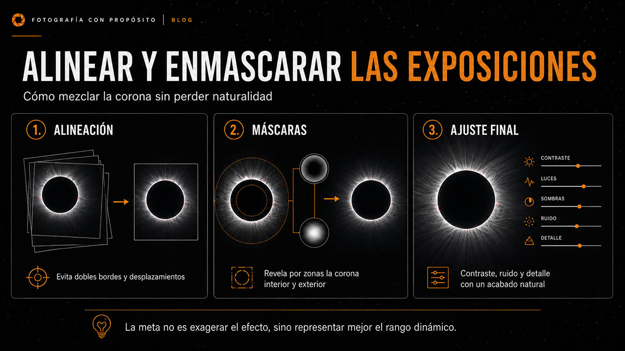 Alinear y enmascarar varias exposiciones para procesar la corona solar