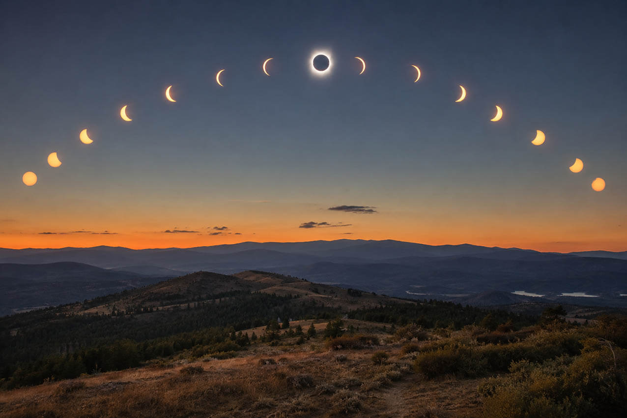 Composición fotográfica con las diferentes fases de un eclipse solar sobre un paisaje al atardecer