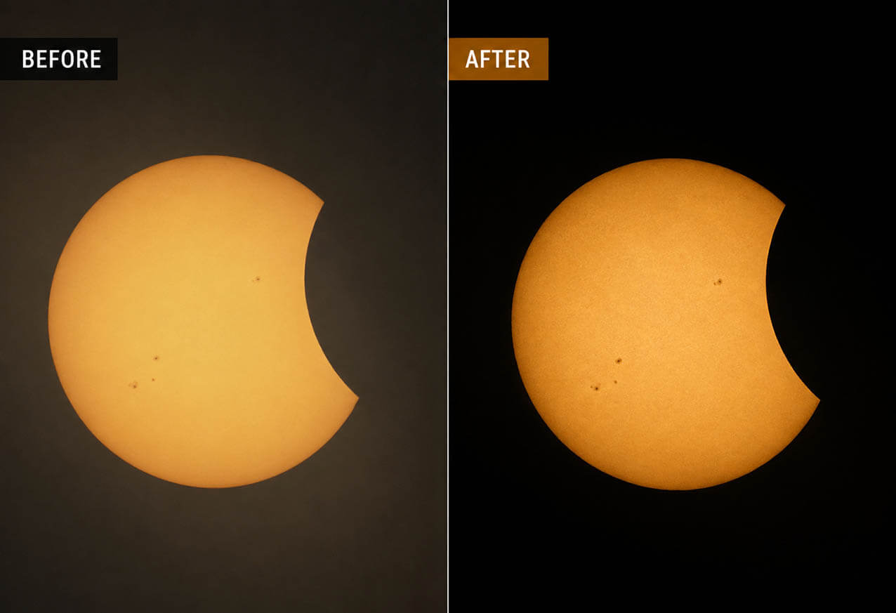 Eclipse solar parcial antes y después de la edición fotográfica
