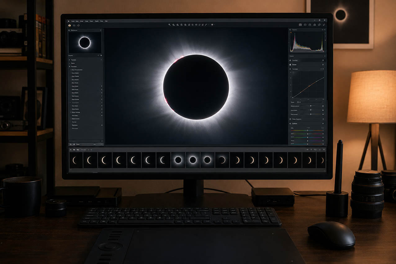 Edición de una fotografía de eclipse solar total mostrando la corona en un programa de revelado RAW