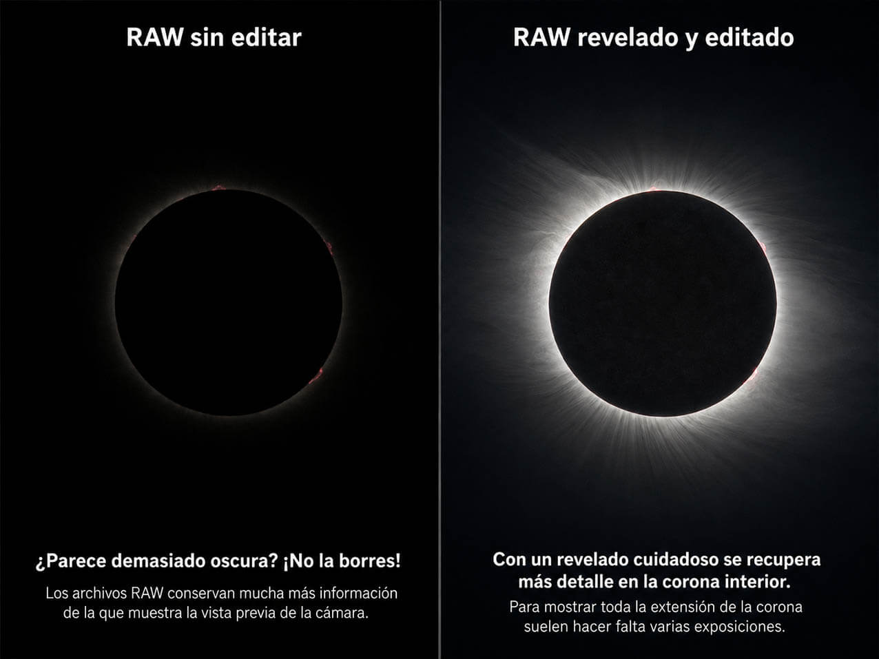 Foto RAW del eclipse solar antes y después del revelado
