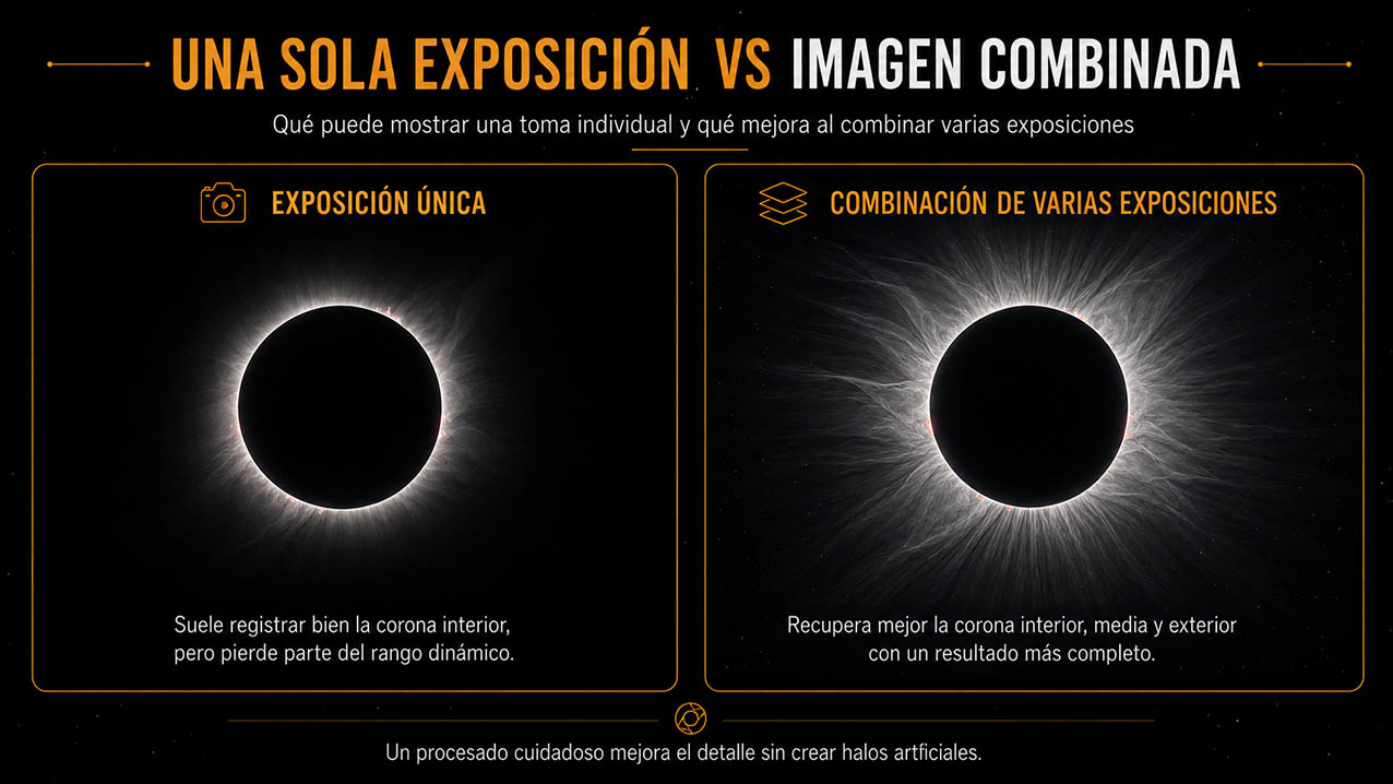 Comparación entre una exposición única y una imagen combinada de la corona solar