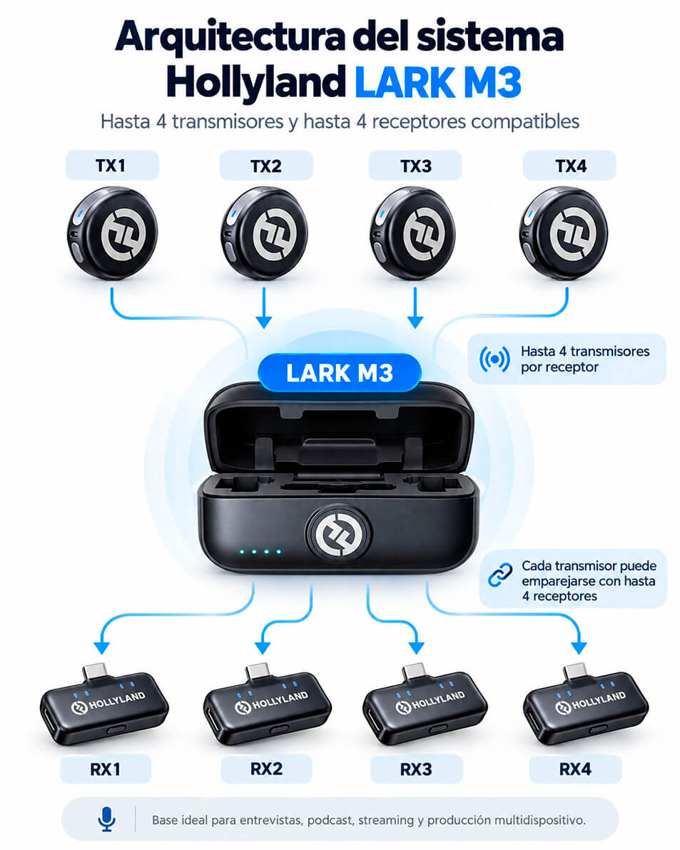 Sistema Hollyland LARK M3 con transmisores TX y receptores RX