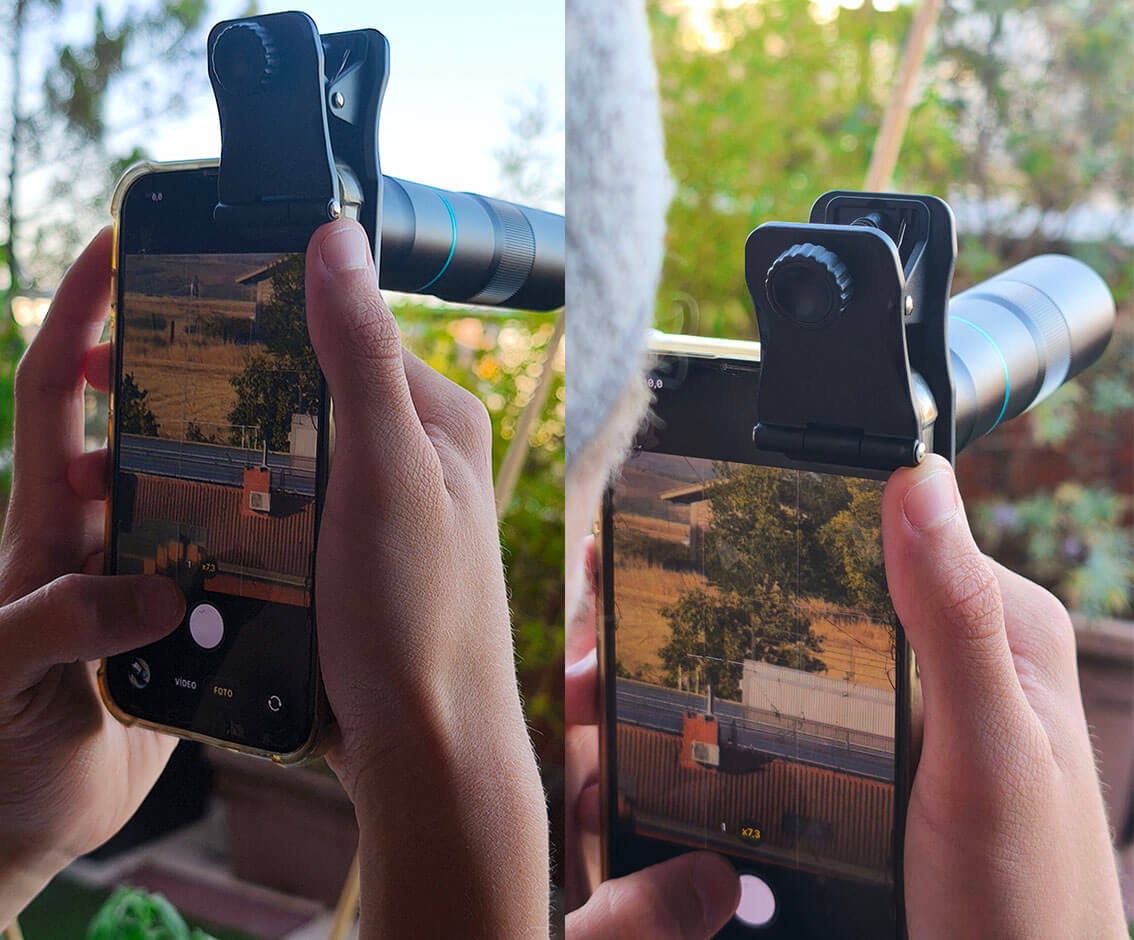 Smartphone con teleobjetivo APEXEL TeleZoom 5-10X utilizado en exteriores