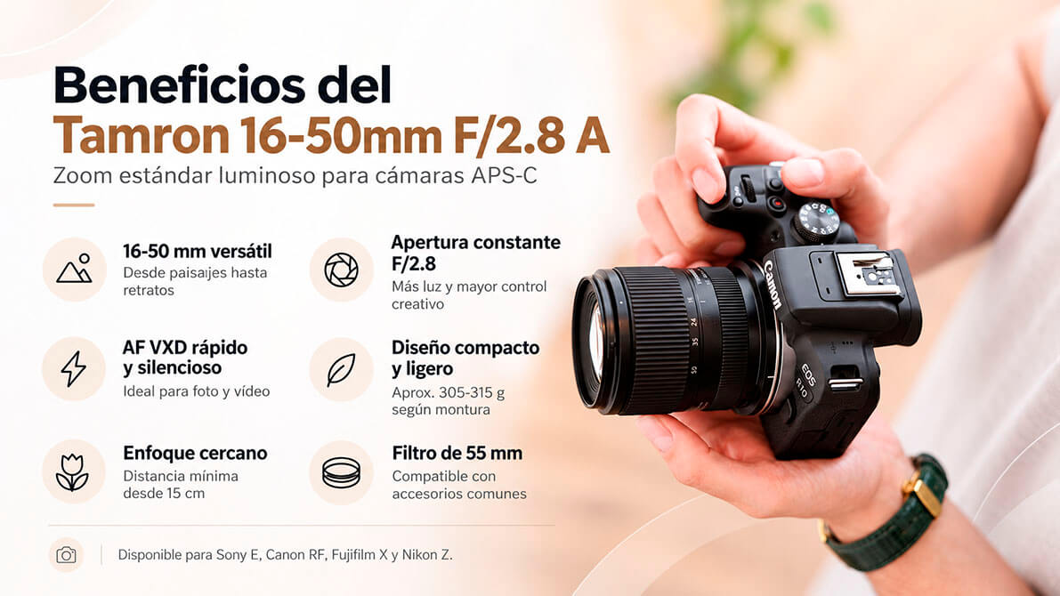 Beneficios del Tamron 16-50mm F2.8 A con apertura constante, enfoque VXD y diseño compacto