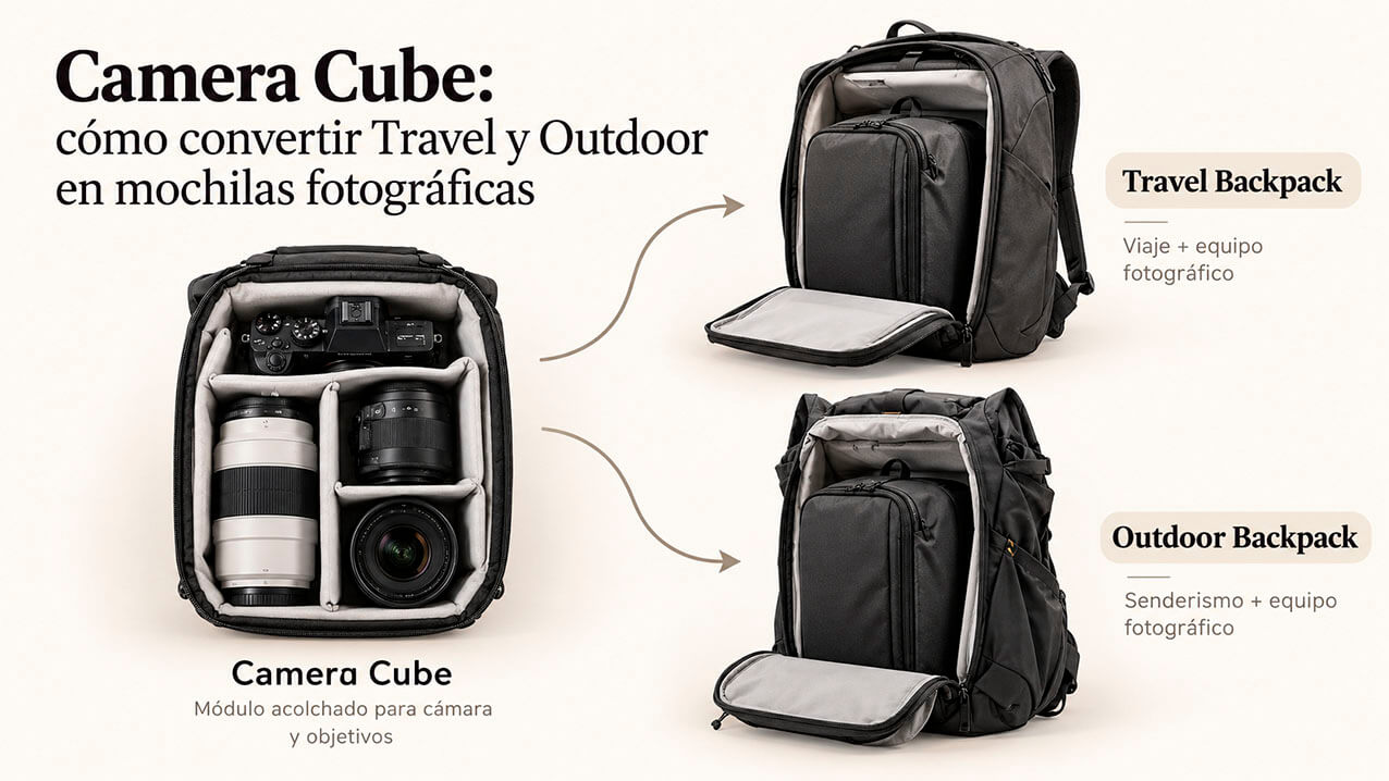 Peak Design Camera Cube dentro de Travel y Outdoor Backpack