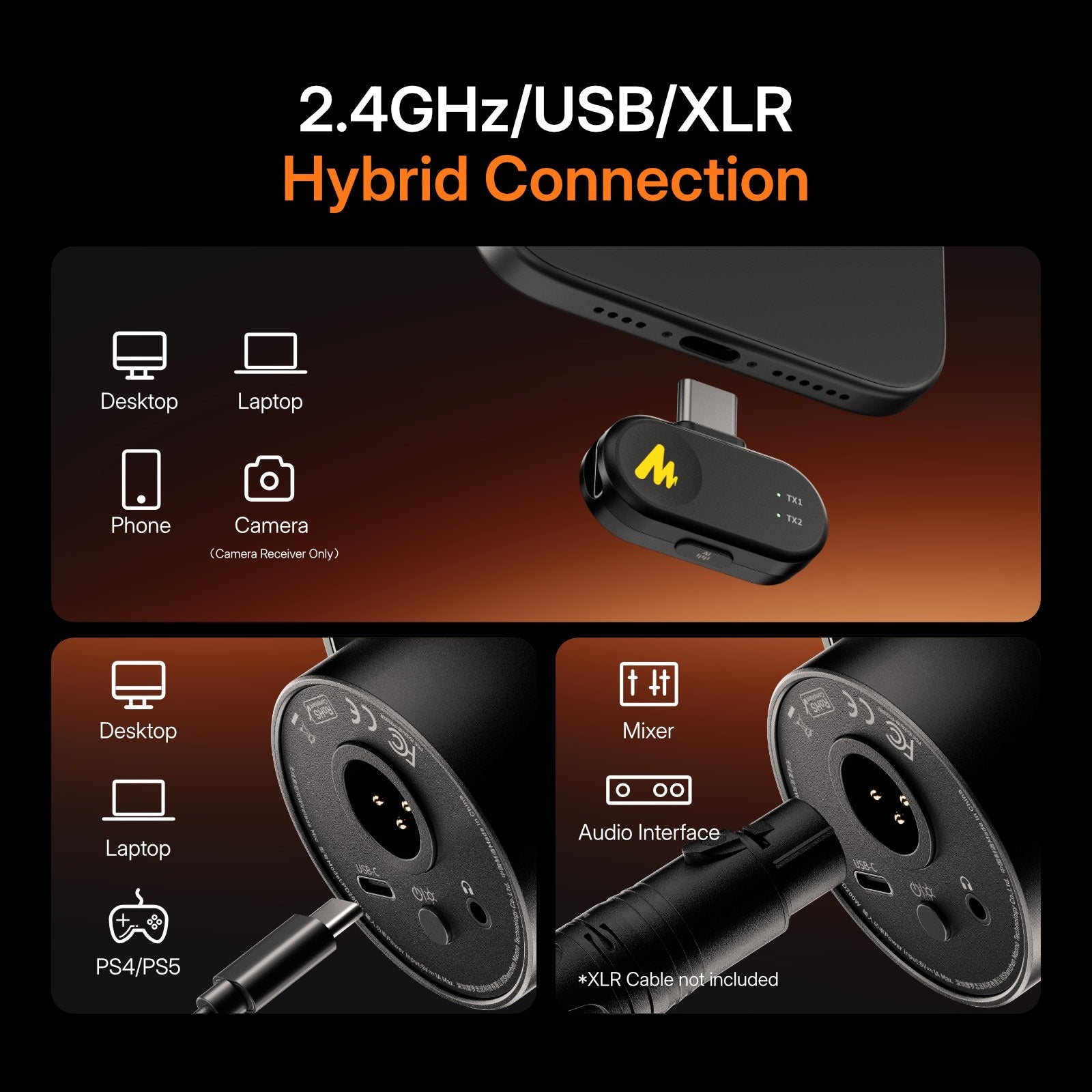 Maono PD200W micrófono dinámico inalámbrico USB-C/XLR negro Maono PD200W micrófono dinámico inalámbrico USB-C/XLR negro