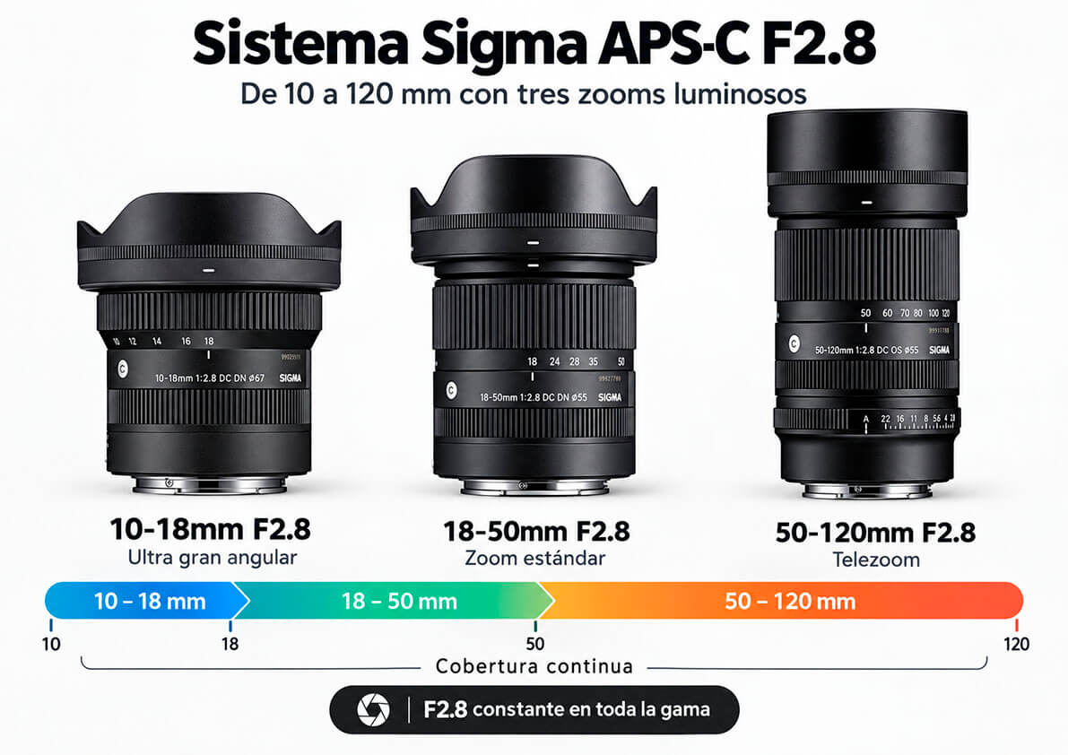 Sistema Sigma APS-C F2.8 con zooms 10-18mm 18-50mm y 50-120mm