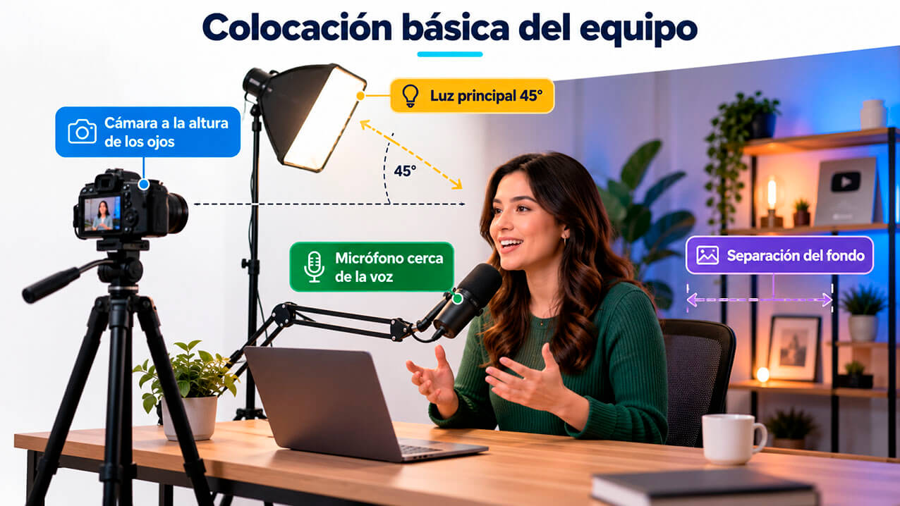 Infografía sobre la colocación de cámara, luz y micrófono en un escritorio de grabación