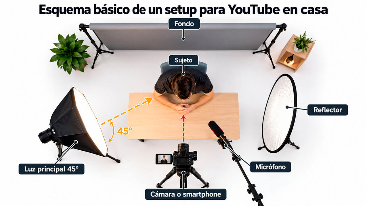Infografía de un setup para YouTube con cámara frontal, softbox lateral, micrófono y fondo iluminado